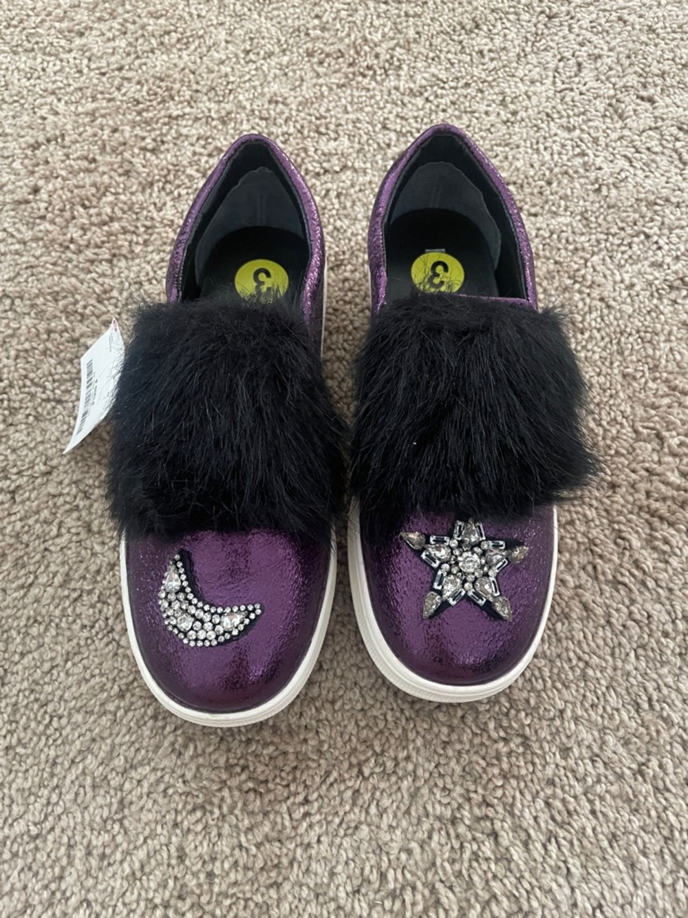 Girls' Purple Metallic Slip-On Shoes with Black Faux Fur and Crystal Moon & Star